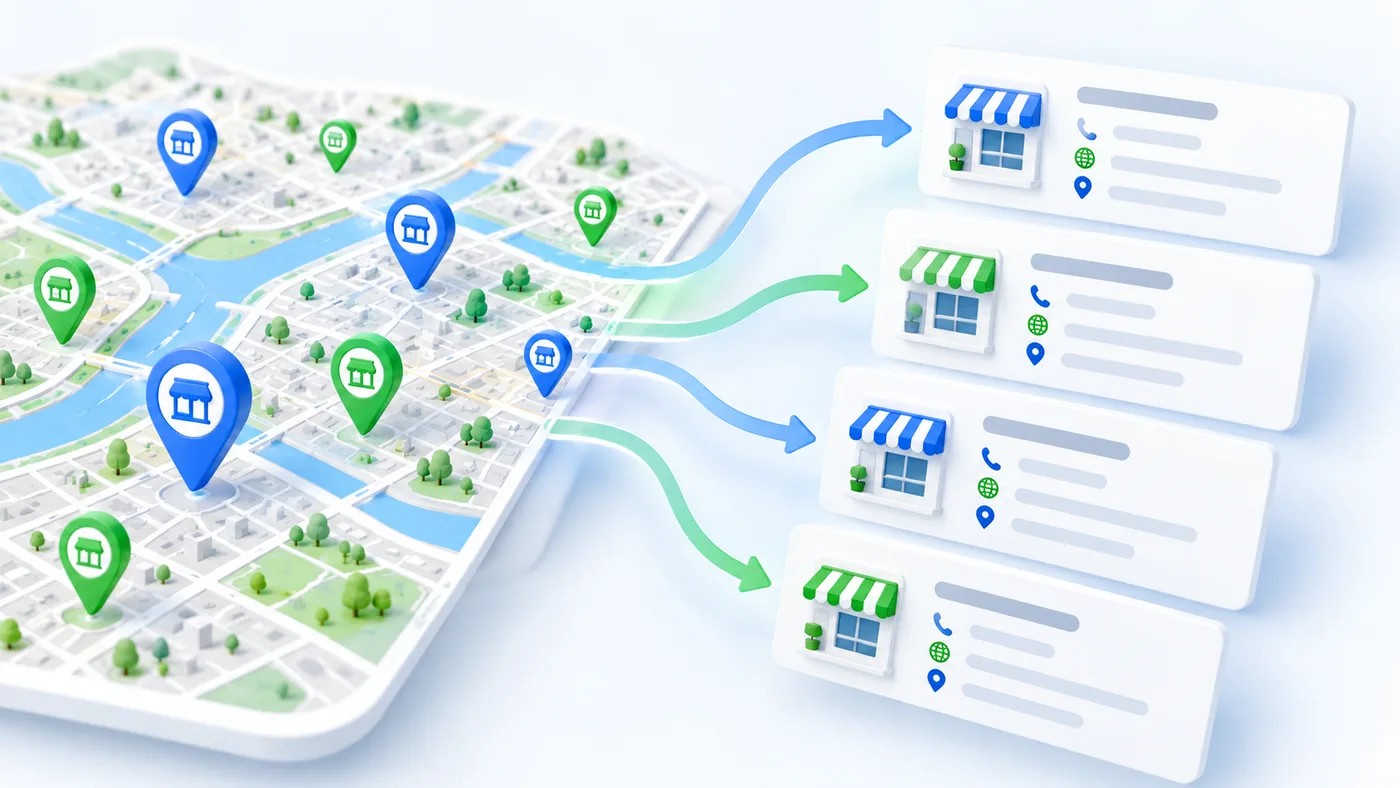 Map pins on Google Maps turned into a list of business leads