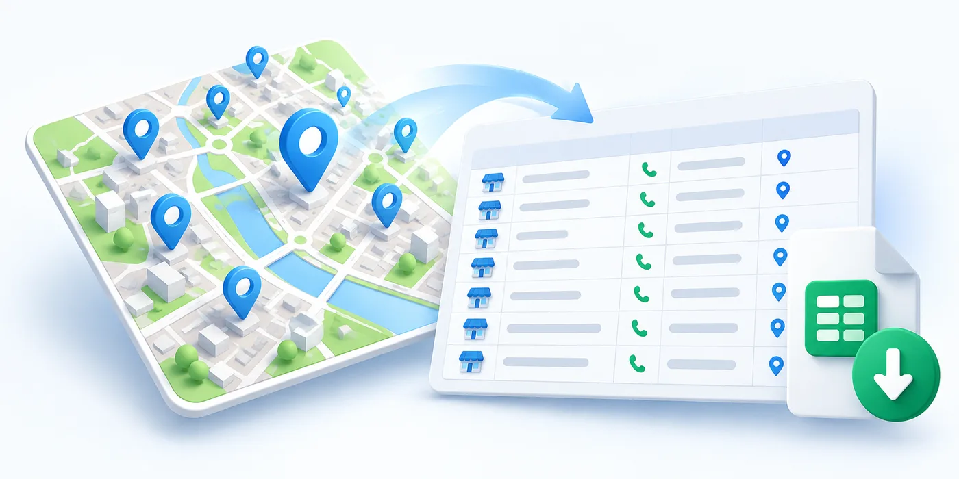 Business data from Google Maps exported to an Excel sheet